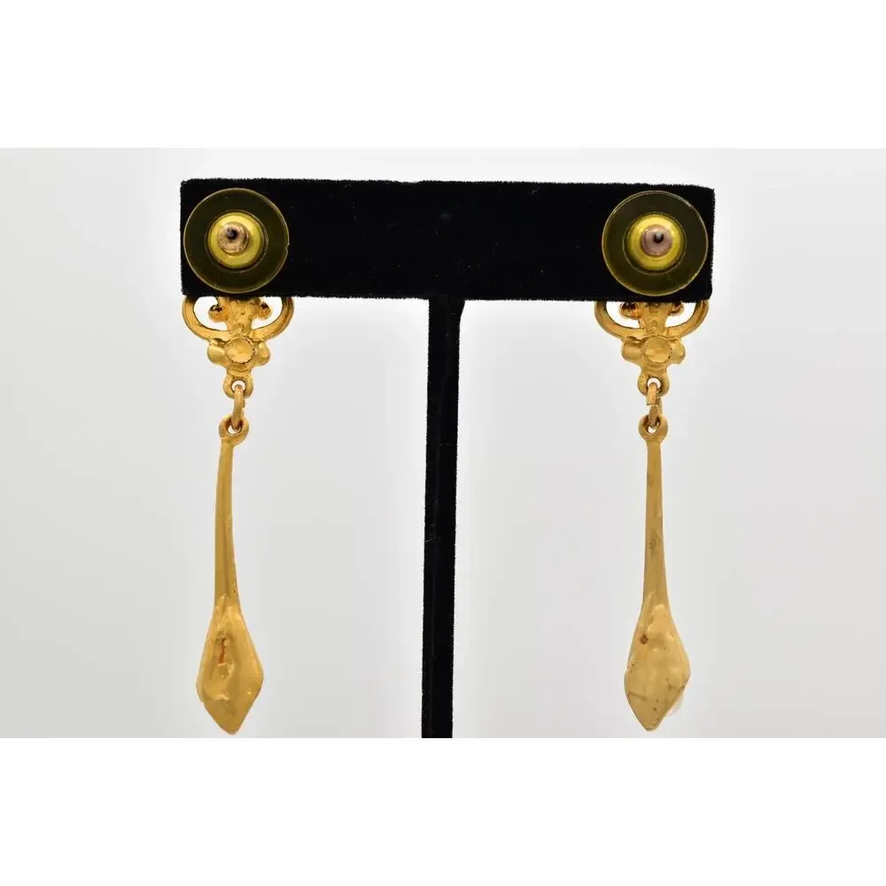 Vintage Pearl Crystal Dangle Earrings Drop Brushed Gold Matte NOS 1980s BinBK